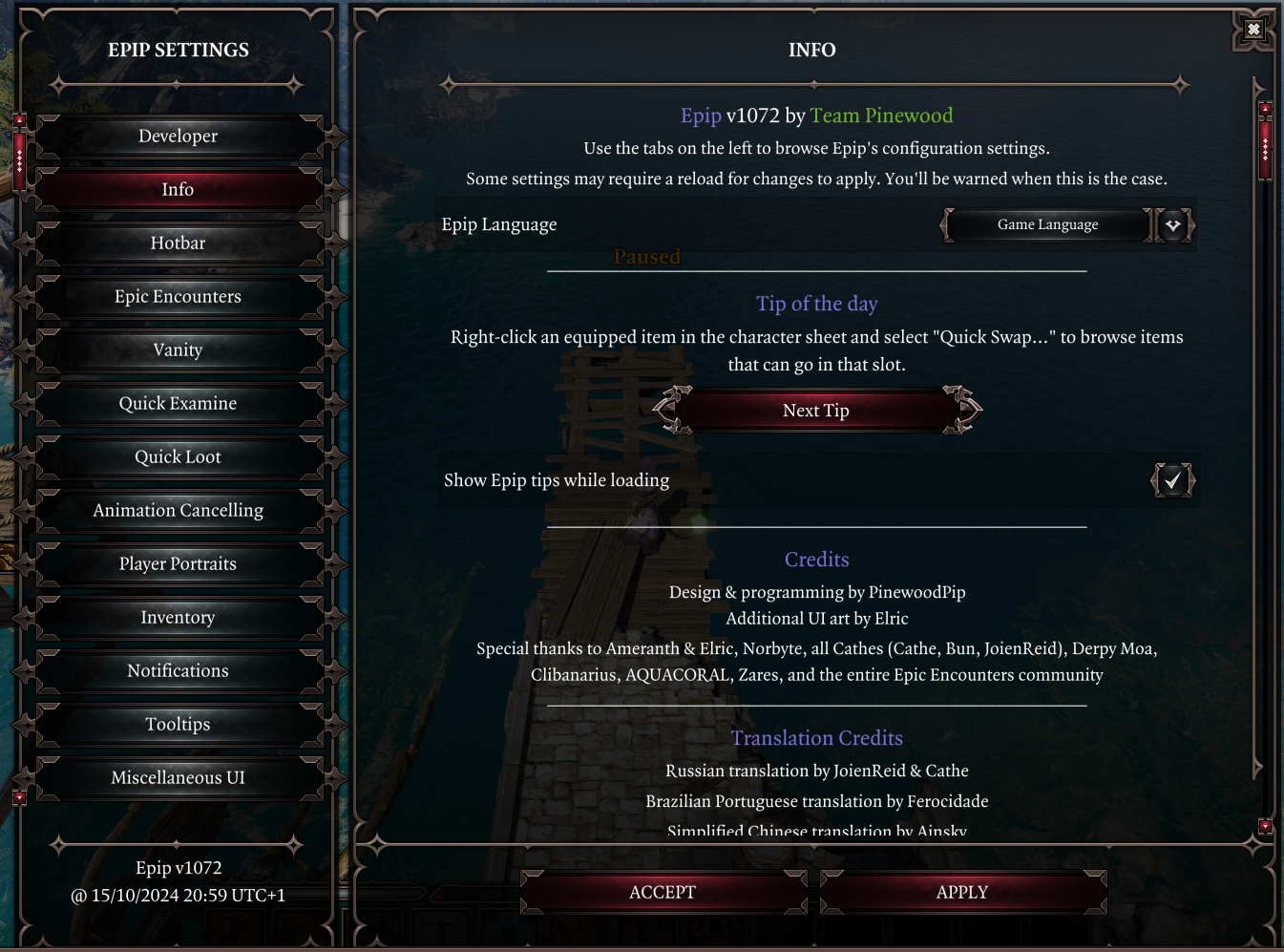 Options menu.