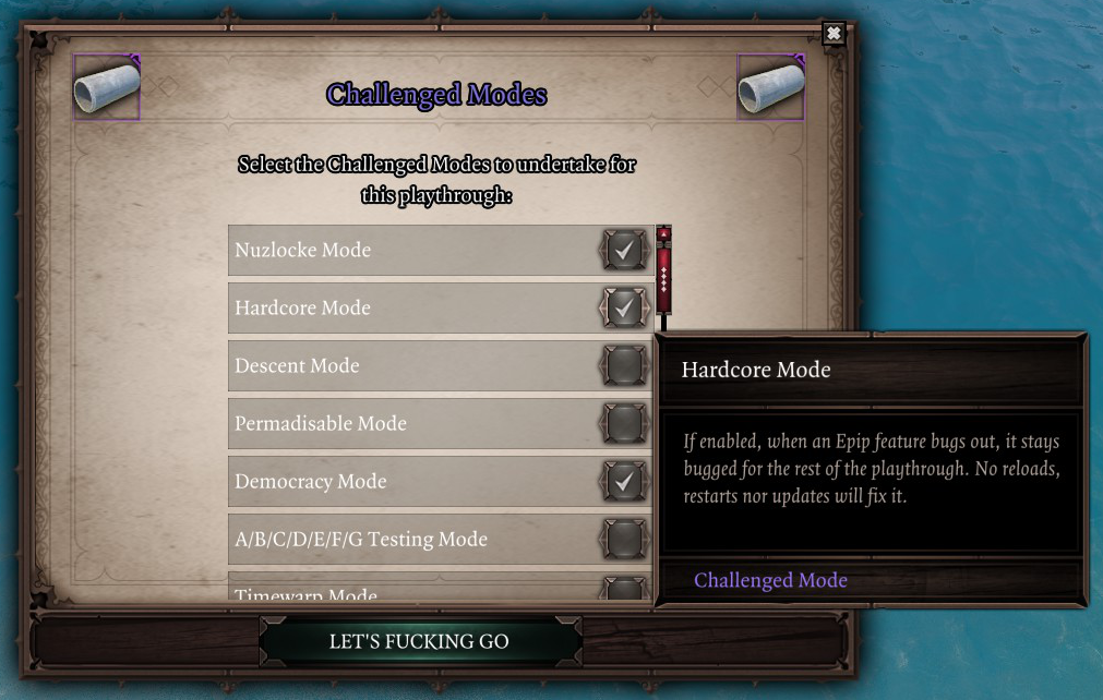 Challenged Modes selection screen.